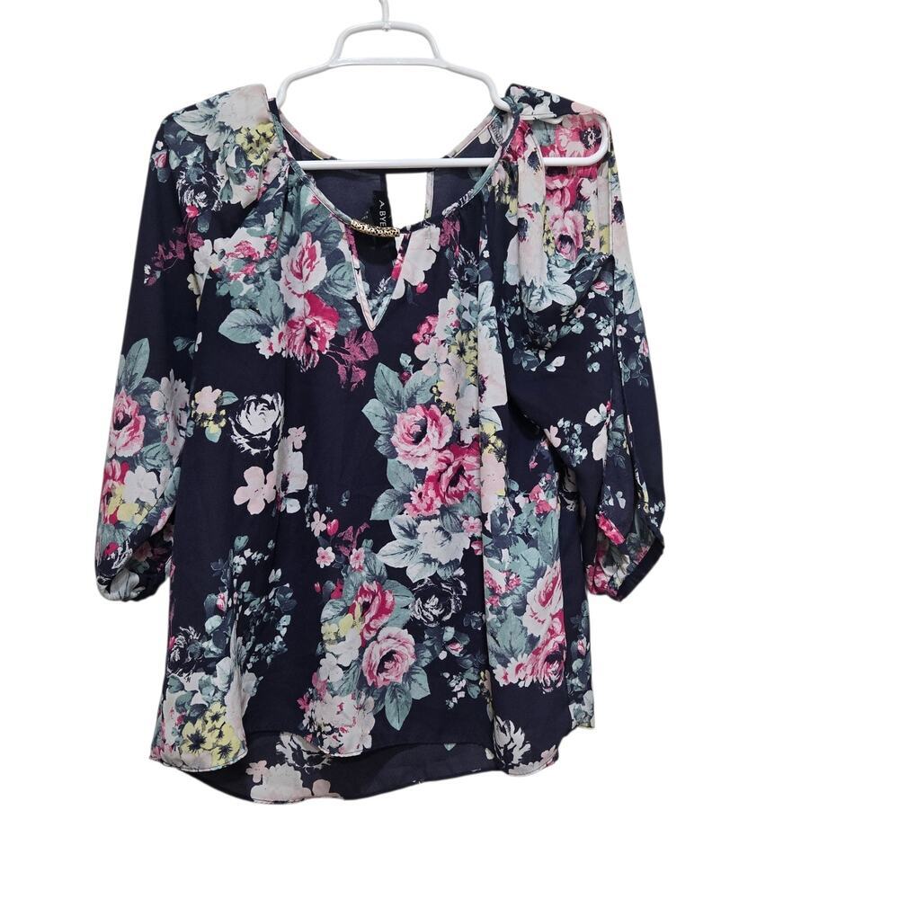 A Byer Floral Keyhole Blouse Large Navy Boho Roll Tab Top
